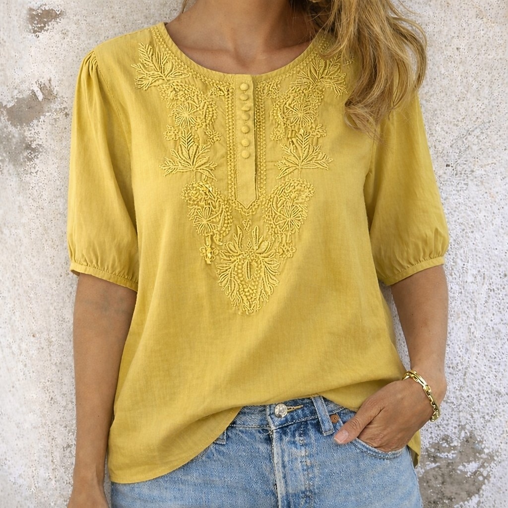 Per donna Maglietta in cotone e lino T-shirt ricamata Bottoni Vintage Etnico Casual Mezza Manica Manica a Palloncino Henley Top Regolari Quotidiano Uscire Blu Bianco Giallo Arancione Cachi Estate del 2026 a $21.99 –P10