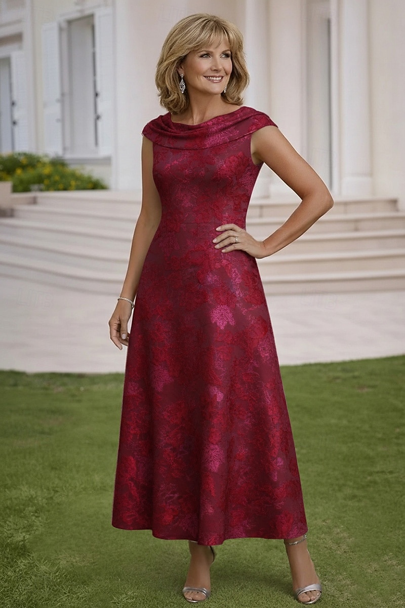 Corte A Hasta el Tobillo Vestido Invitada Boda Vestido formal Vestido de noche Vestido de Madrina Sin Mangas Cuello vuelto holgado Elegante Vintage Formal Jacquard con Recogido 2026 - $166.99 –P4