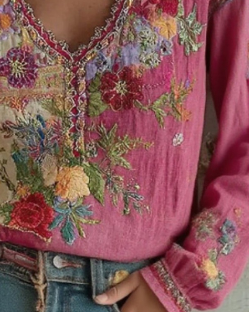 Pentru femei Cămașă Cămașă Boho Bluză Brodat Floral Grafic Boemia Epocă Stilat Manșon Lung În V Topuri obișnuite Zilnic Concediu Ieșire Roz trandafiriu Vară Primăvară 2026 - $38.99 –P3