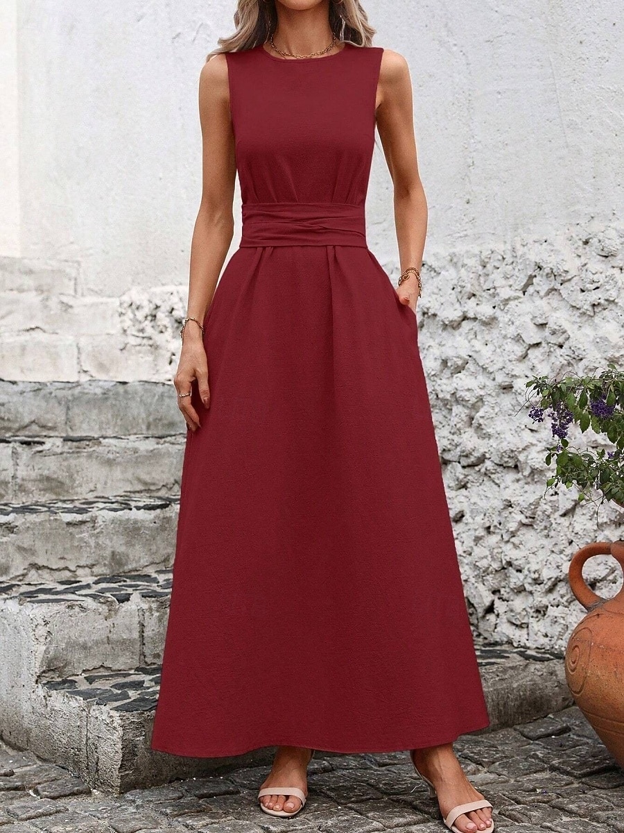 Damskie Sukienka maxi Sukienka A line Urlop Codzienny Na zewnątrz Wyjściowe Luźny / a Jednokolorowe Bez rękawów Wycięcie pod szyją Granatowy Czarny Czerwony Zielony Lato Wiosna 2026 - $31.99 –P9