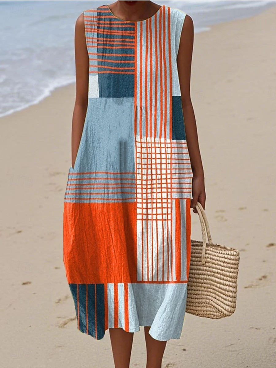 Γυναικείο Midi Φόρεμα Λινό Φορέμα Ήλιου Σαφάρι Φόρεμα Α-Γραμμή Φόρεμα Διακοπών Καθημερινό Μποχό Παραλία Βγαίνοντας Χαλαρή Εφαρμογή Γραφικά Γεωμετρικά Αμάνικο Crew Neck Μπλε Κόκκινο Καφέ Πράσινο 2026 - $16.49 –P4