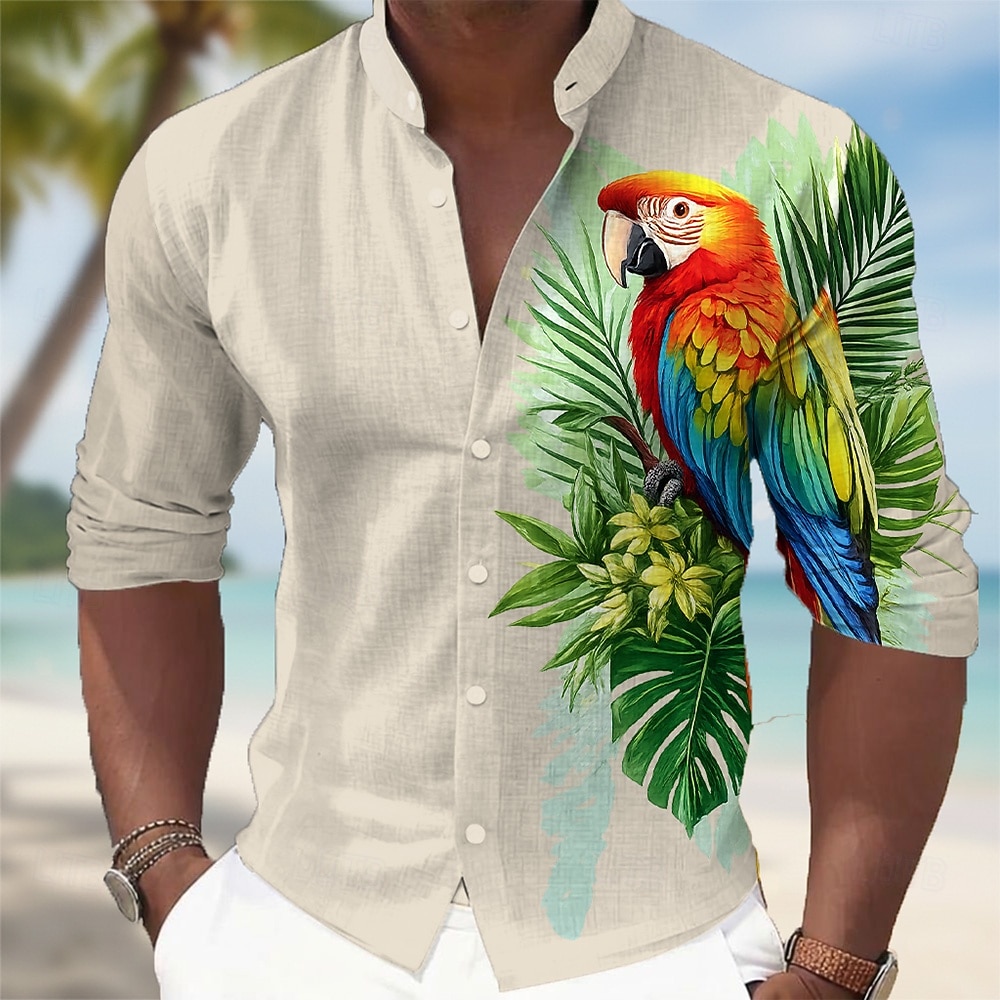 Men's Tropical Flowers Parrot Palm Leaf Shirt Hawaiian Shirt Stand Collar Shirt Long Sleeve Hawaiian Casual Vacation Spring Fall Mandarin Collar Band Collar 3D Print Button Up Shirts Blue Khaki Light 2026 - $27.99 –P2