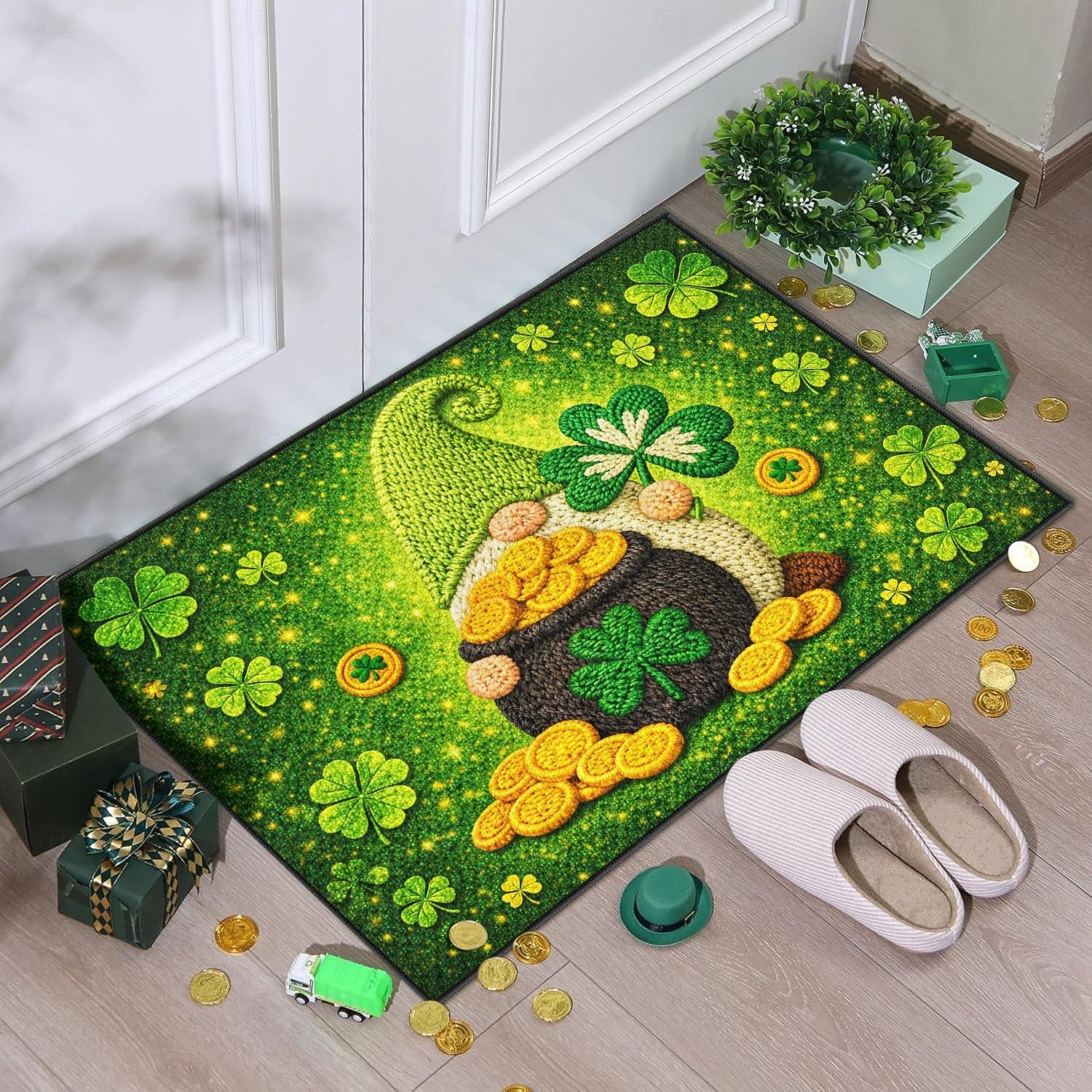 St Patrick's Day Doormat 2D Flat Print Design Featuring Gnome with Pot of Gold and Shamrocks on Sparkling Green Background 2026 - $10.49 –P2