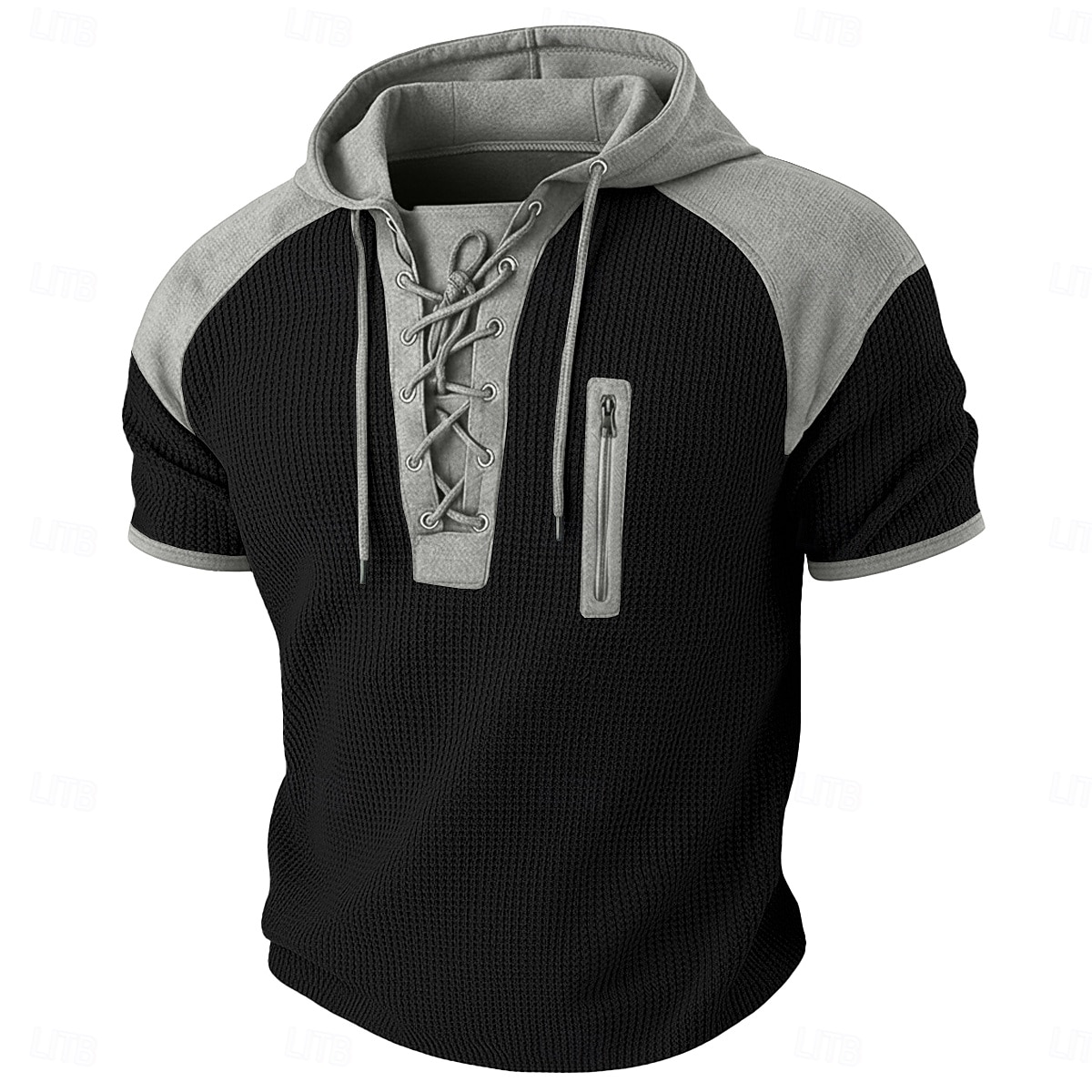 Herre Vaffel Henley-skjorte T-skjorte Kortermet Med hette Snøring i halsen Sommer Vår Alle årstider Helfarge Mote Designer Fritid Fargeblokk Avslappet Daglig utendørs Lyseblå Svart Vin Topp T-skjorte 2026 - $22.99 –P5