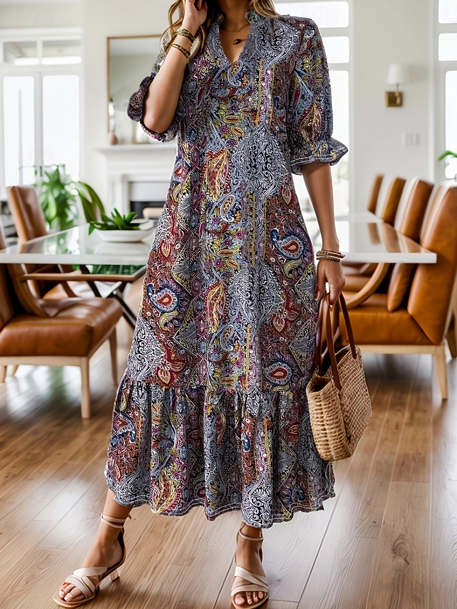 Women's Midi Dress Floral Dress Print Dress Fashion Modern Outdoor Vacation Going out Loose Fit Floral Half Sleeve V Neck Teal Red Purple Summer Spring 2026 - $27.99 –P2