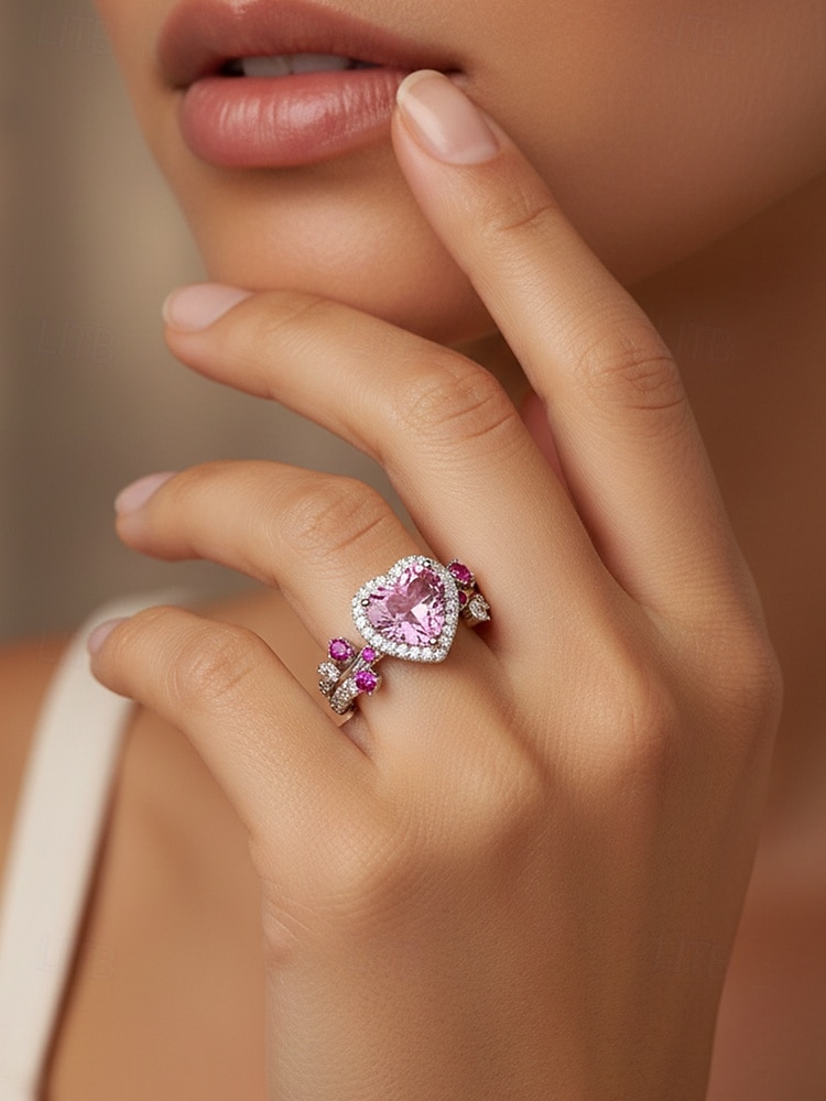 Inel de damă în formă de inimă cu piatră prețioasă roz – material din aliaj, pietre roz și transparente, design elegant – perfect pentru nunți și Ziua Îndrăgostiților 2026 - $7.99 –P2