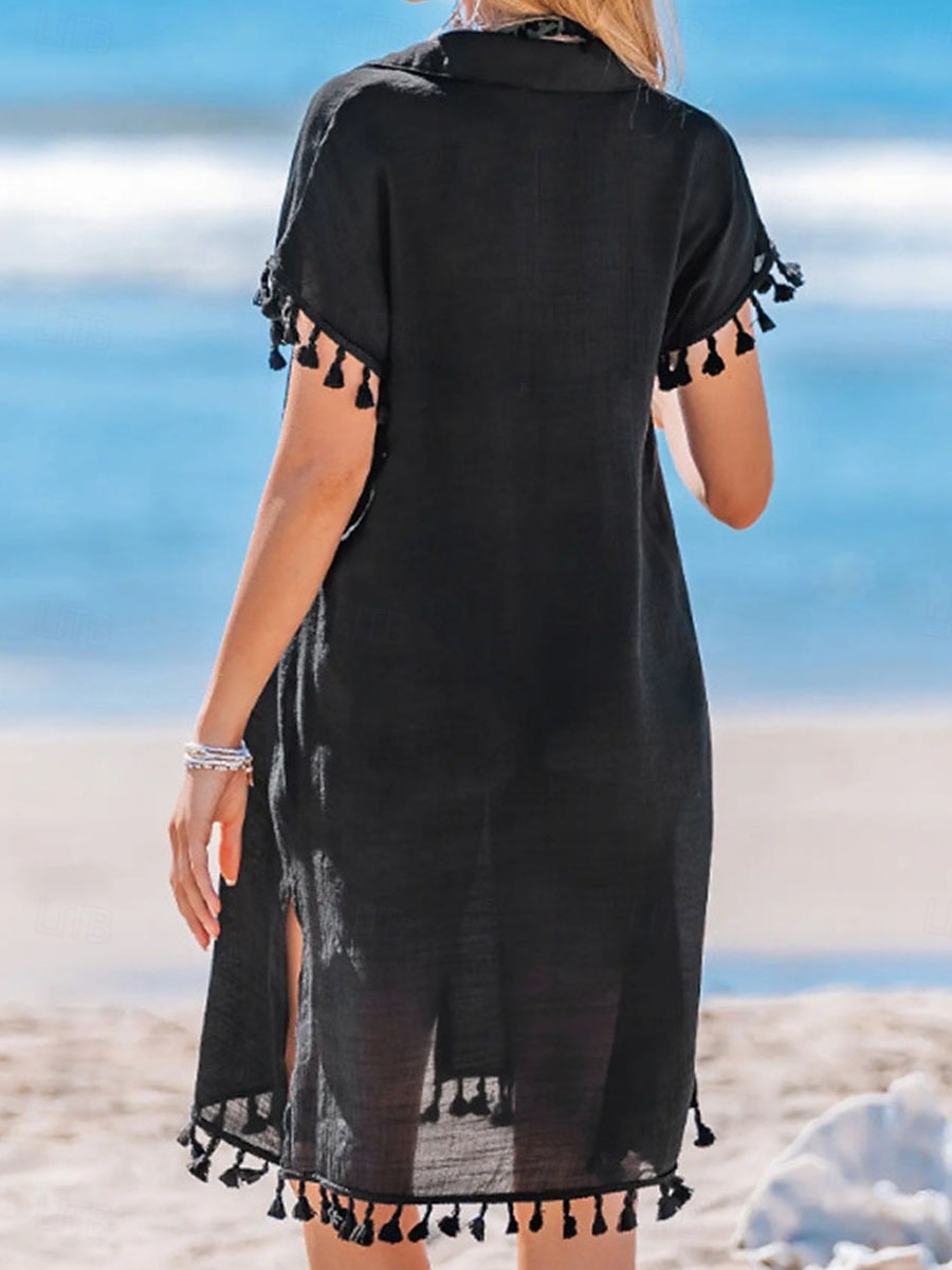 Per donna Abito al ginocchio Abito da Spiaggia Abito nero Copricostume Elegante Moda Classico Quotidiano All'aperto Spiaggia Vestibilità comoda Semplice Manica Corta Colletto a Camicia Nero Estate del 2026 a $28.99 –P2