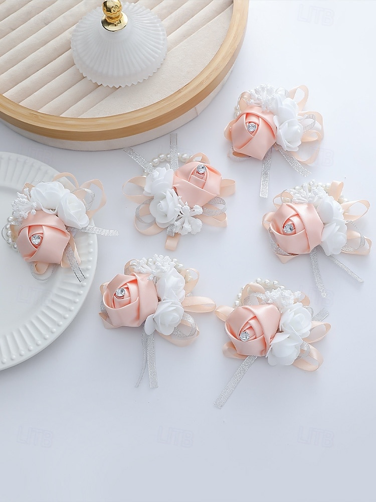 Ramillete de muñeca de rosas para mujer, flor de cinta de poliéster con pulsera elástica de perlas falsas, varios colores, accesorio elegante para damas de honor y novias para bodas, bailes de graduación y eventos formales. 2026 - $9.99 –P10