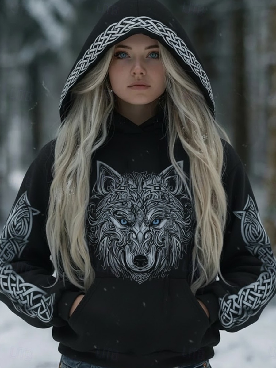 Dámské Mikina s kapucí s kapucí Slátanina Tisk Přední kapsa Grafika Zvíře Vinobraní Na běžné nošení Cikánský Dlouhý rukáv Kapuce Běžné topy Ležérní ulice Na den Černá Zima 2026 - $32.99 –P1