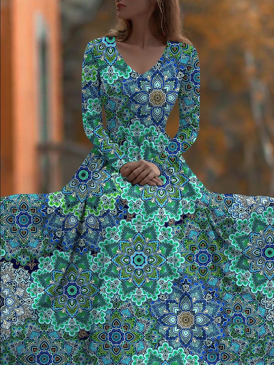 Per donna Abito maxi Abito Pieghettato Festa Casual Boho Quotidiano Data Uscire Vestibilità regolare Floreale Manica Lunga Scollo a V Blu Verde Estate Primavera del 2026 a $41.99 –P2