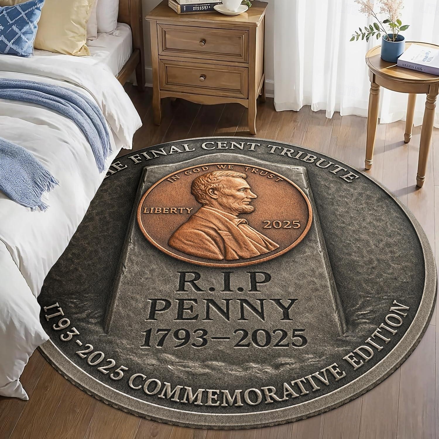 okrągły dywanik, hołd dla ostatniego centa 1793-2025, projekt monety pamiątkowej Lincolna, pamiątkowy dywanik jednocentowy, historyczny motyw monety amerykańskiej, rzadkie wydanie kolekcjonerskie, 2026 - $12.99 –P4