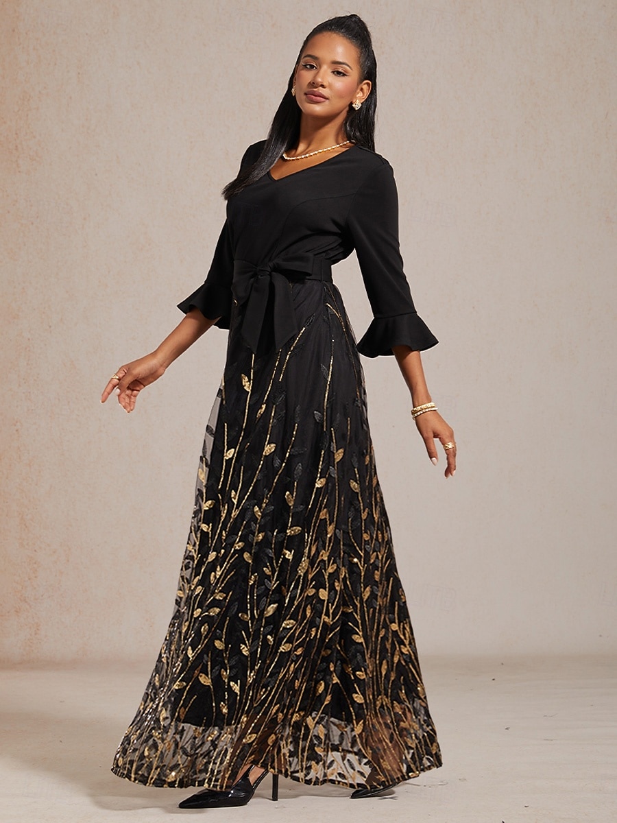 Pentru femei Rochie Maxi Rochie A line Rochie din Tul Elegant Serată Petrecere Paiete Brodat Fit regulat Frunză Lungime Manșon 3/4 În V Negru 2026 - $103.99 –P7