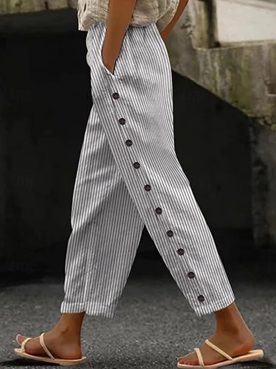 Women's Linen Pants Trousers Casual Pants Summer Pants Vacation Fashion Basic Full Length Mid Waist Plain Striped Side Pockets Comfort Inelastic Holiday Casual Daily Light Gray Brown And White Dark 2026 - $37.99 –P1
