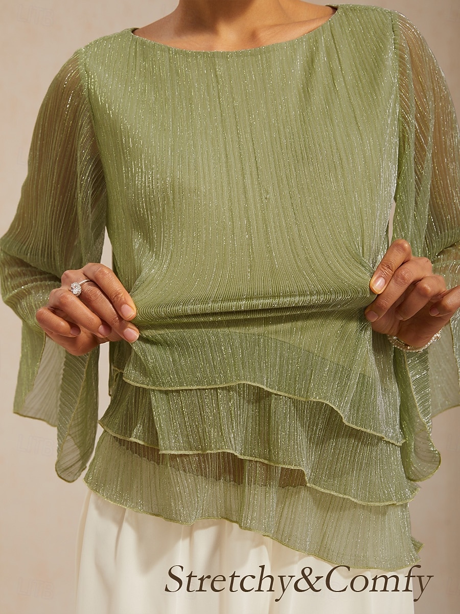 Damen Chiffon Tops Plissiert Geschichtet Metallisch Elegant Dreiviertelarm Rundhalsausschnitt Normale Oberteile Hochzeitsgast Hellgrün Sommer Frühling Herbst 2026 - $75.99 –P3