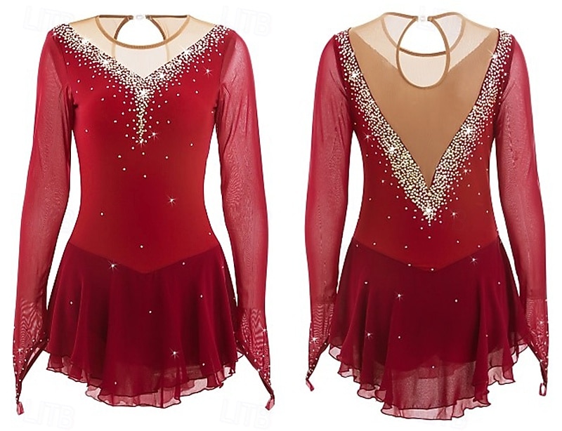 Red Rhinestone Figure Skating Dress for Women & Girls – Long Sleeve Mesh Competition Costume with V Open Back and Flowy Asymmetrical Skirt 2026 - $131.99 –P9