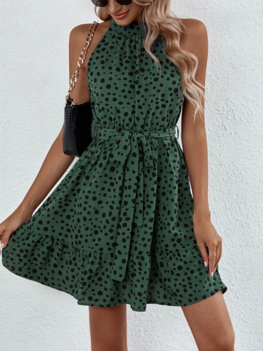 Жен. Мини-платье Платье A-силуэта Платье-комбинация Платье с открытыми плечами Отпуск На каждый день на открытом воздухе На выход Стандартная посадка Леопард Горошек Без рукавов НАЙКА НЕКО 2026 - $28.99 –P8