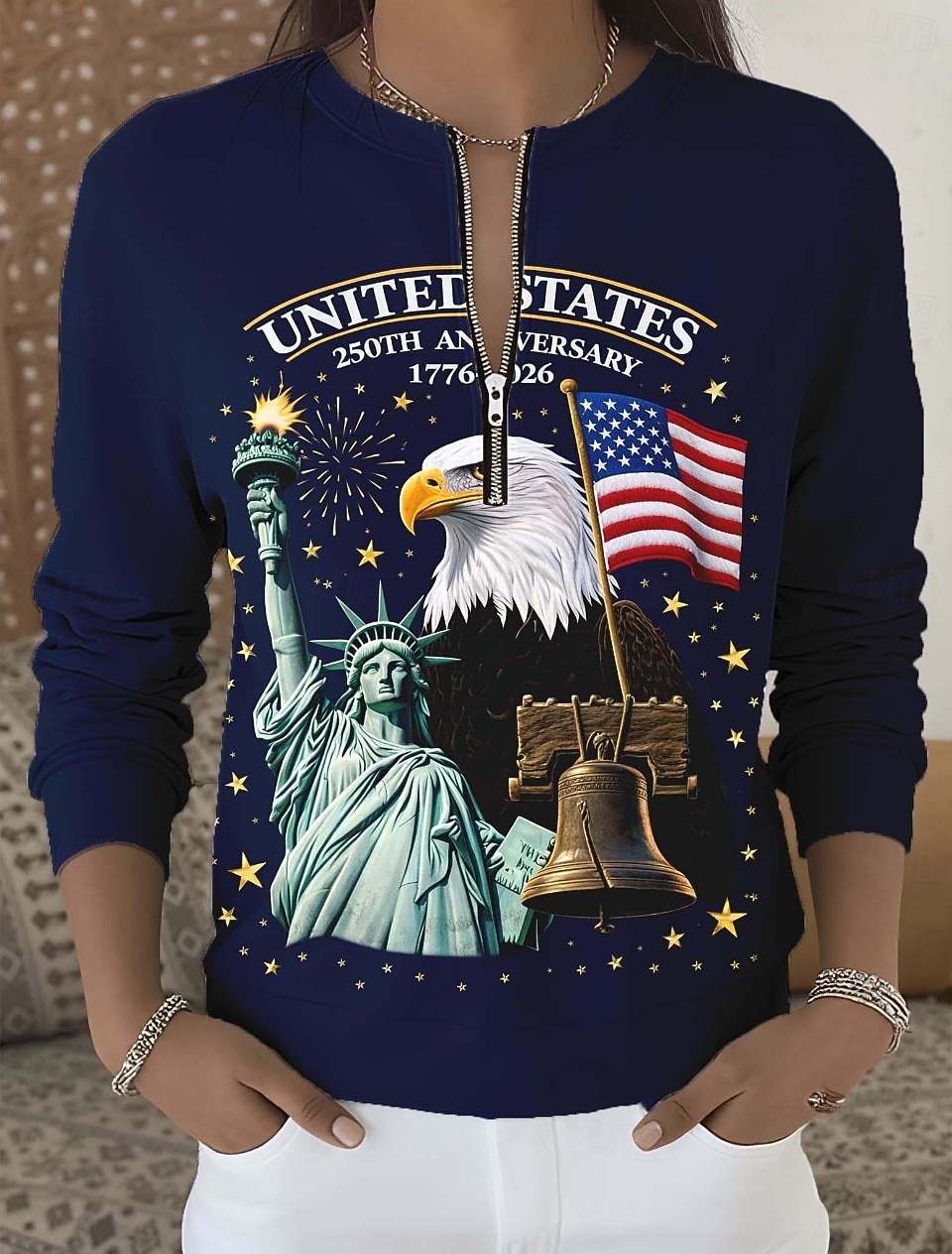Pull sweatshirt patriote pour femmes sweatshirts bloc de couleur géométrique décontracté à manches longues col rond zip demi street vêtements quotidiens patchwork fermeture éclair de 2026 ? $27.99 –P1