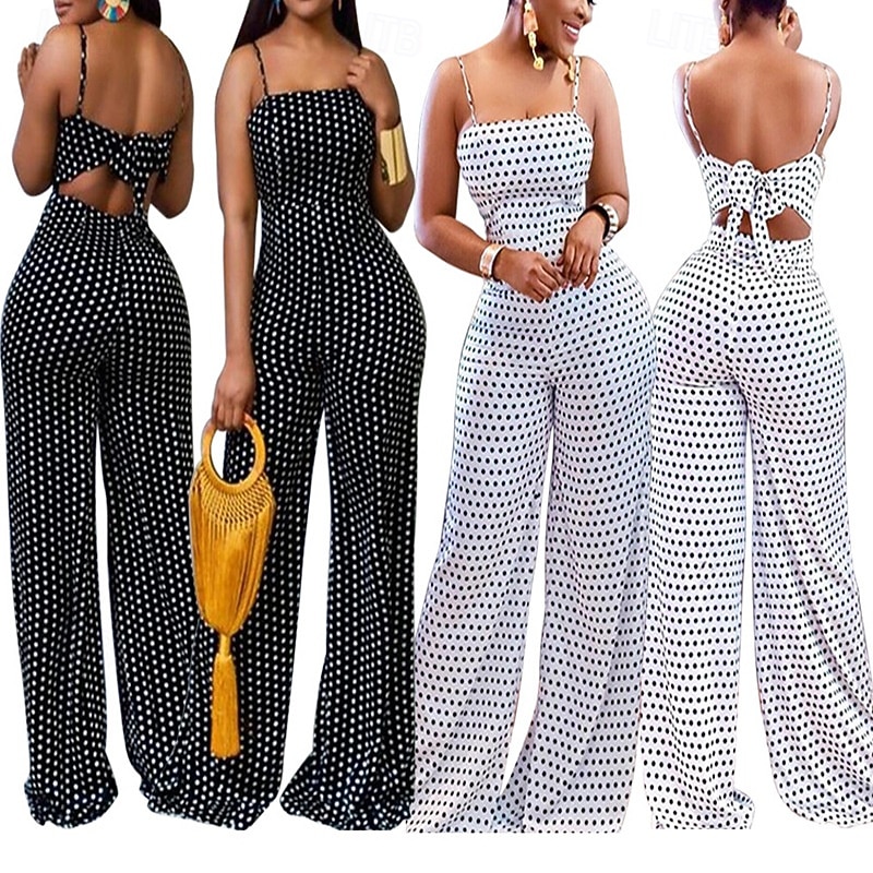 Dam Vanligt Jumpsuits Streetwear Prickig Ärmlös Brett skaft Mönster Öppen rygg Fest Gata Normal Svart Vit Sommar 2026 - $26.99 –P1