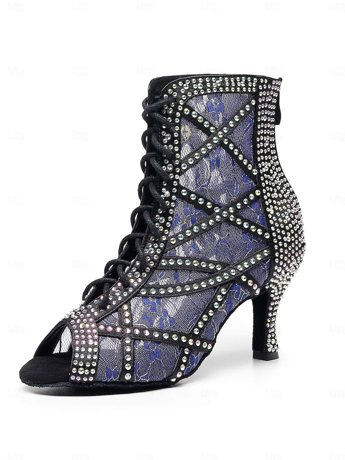 Women's Champagne Rhinestone Lace-Up Professional Dance Boots, Open Toe Mesh Latin & Ballroom Heels for Stage Performance 2026 - $64.99 –P1