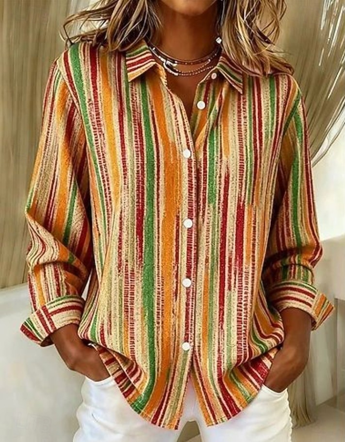 Жен. Рубашка Блуза Пэчворк Пуговицы С принтом Графика Геометрический принт В клетку Винтаж тропический Повседневные Длинный рукав Рубашечный воротник Обычные топы Повседневные 2026 - $32.99 –P2