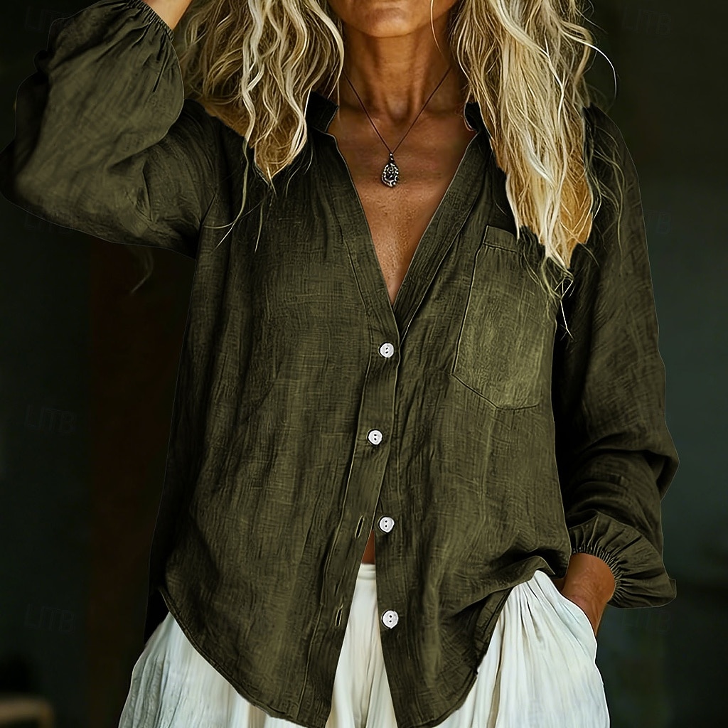 Mulheres Camisa de linho camisa de verão camisa de botão Bolsos Côr Sólida Tecido Diário à moda Casual Manga Longa Decote V Tops regulares Feriado Roupa de Praia Roupas de resort Preto Branco Amarelo de 2026 por $27.99 –P3