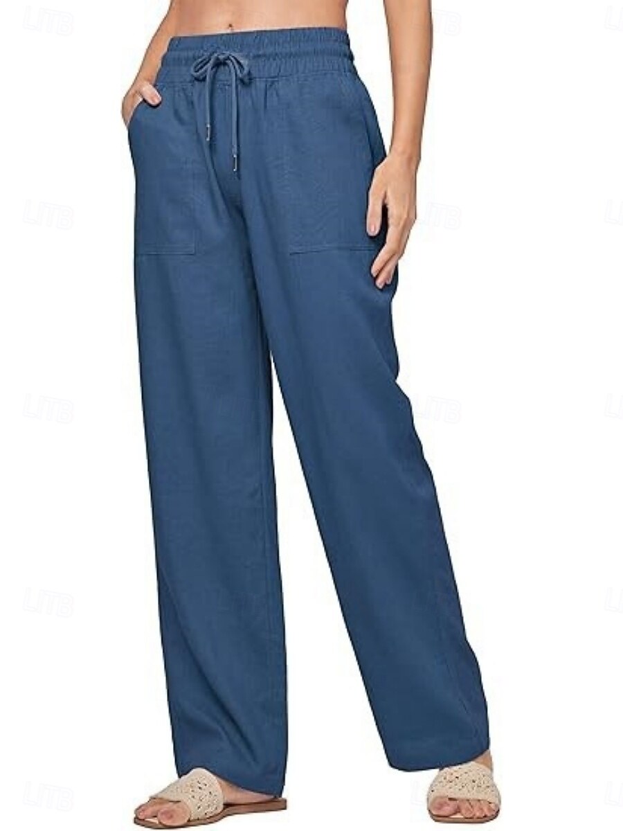 Naisten Puuvillaiset pellavahousut Kiinalainen Kesähousut Suora Loma Perus Vapaa-aika Täyspitkä Korka vyötärö Yhtenäinen väri Tasku Elastinen vyötärönauha Mukava Pehmeä Elastinen ulko- Katu Sininen 2026 - $42.99 –P5