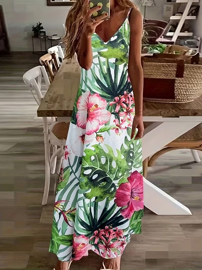 Naisten Maksimekko Kesämekko A linjainen mekko Slip Mekko Loma Vapaa-aika Boheemi Hiekkaranta Loose Fit Kuvitettu Lehti Hihaton V kaula-aukko Spagettiolkaimet Valkoinen Vaalean vihreä Punastuvan 2026 - $36.99 –P4
