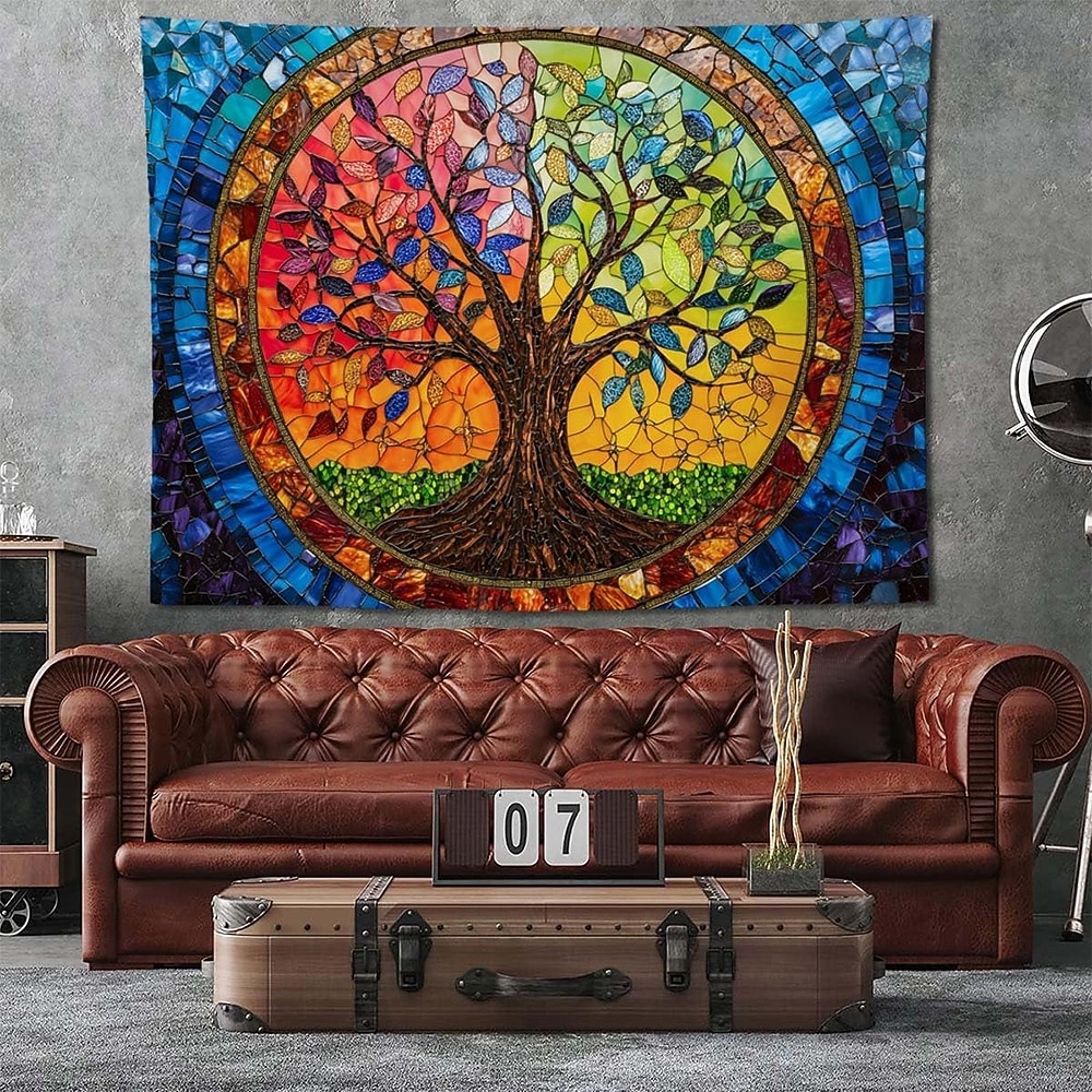 Wandteppich mit Lebensbaum-Motiv aus Buntglas im Mosaikstil, farbenfrohe und lebendige Kunst, Heimdekoration für Wohnzimmer und Schlafzimmer, großes Stoffposter 2026 - $20.99 –P2
