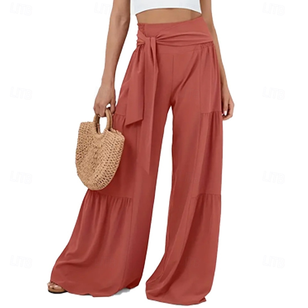 Dame Bukser Sommerbukser Strandbukser Ferie Mote Fritid hverdag Full lengde Middels midje Helfarge عادي Snorer Lapper Bred Bukseben Komfort Hurtigtørkende Myk Uelastisk Gateklær Strand Ferie Svart 2026 - $32.99 –P4