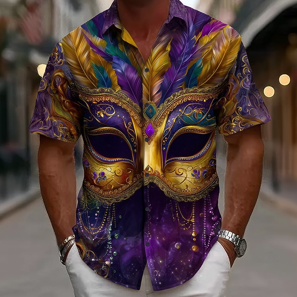 Mardi Gras Men's Carnival Beads Mask with Feathers Shirt Button Up Shirt Short Sleeve Vintage Retro Party Holiday Summer Spring Turndown 3D Print Collared Shirts Purple / Green / Yellow Purple Dark 2026 - $25.99 –P1