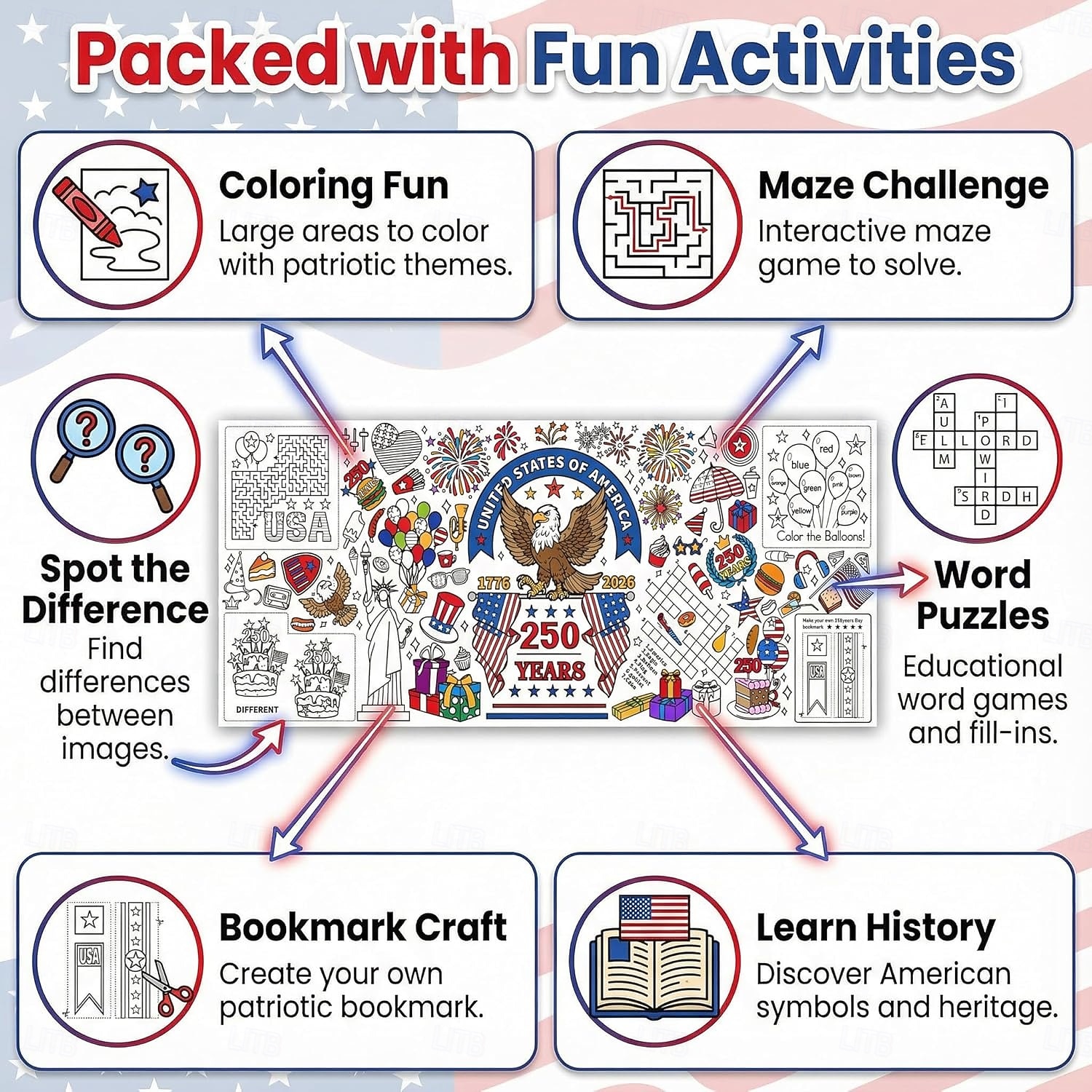 Раскраска к 250-летию США, размер 31*72 дюйма, тематическая раскраска к 250-летию для класса, дня рождения, вечеринки в честь Дня независимости Америки, универсальное использование в качестве настенного декора или скатерти. 2026 - $9.99 –P10