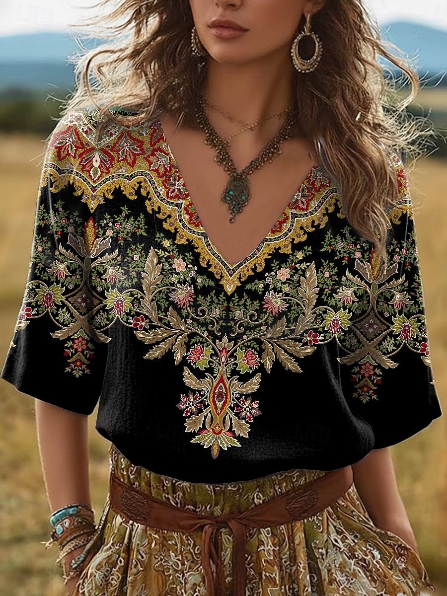 Damen Leinenähnliches Faux-Baumwoll-Leinen Boho T-Shirt Florales Grafik Pflanzen Vintage Stilvoll Klassisch Kurzarm V-Ausschnitt Reguläre Oberteile Täglich Wochenende Urlaubsbekleidung Print Schwarz 2026 - $28.99 –P1