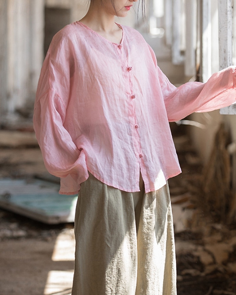 Camisa feminina 100% linho, blusa com botões, lisa, estilo vintage, manga longa, gola redonda, tops regulares para uso diário, férias, sair, nas cores preto, rosa, vermelho e verde, para verão e primavera. de 2026 por $45.99 –P3