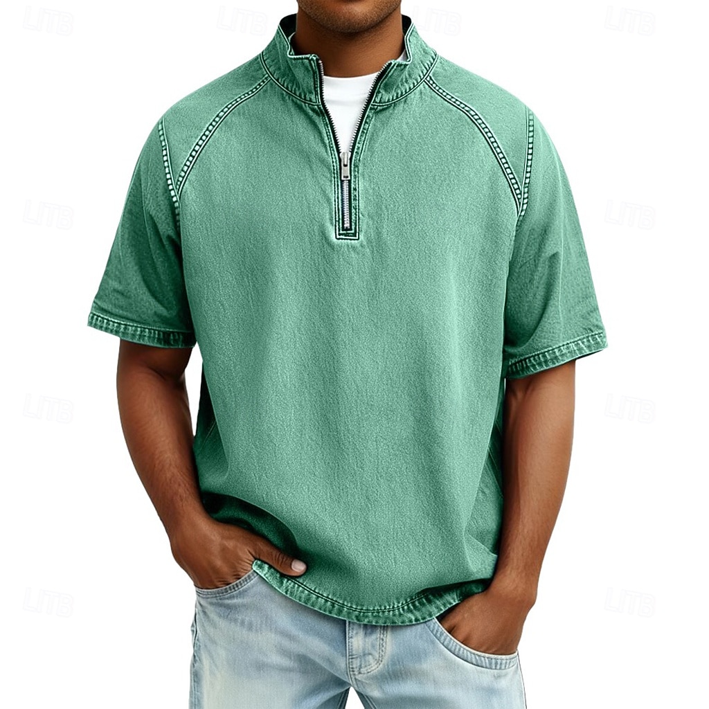 Heren Overhemd van 100% katoen met zure wassing T-shirt Korte mouw Opstaand Herfst winter Lente Herfst Effen Vintage Streetwear Casual Rits omhoog Kledingstuk geverfd Standaard Casual Huis Straat 2026 - $31.99 –P11