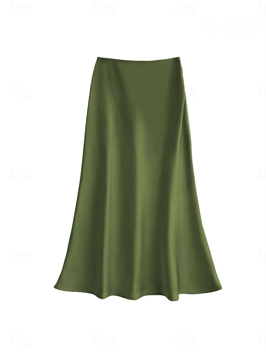 Per donna Gonne in raso Elegante Vintage Moda Casual Midi Vita Alta Gonne Semplice Arricciato Patchwork Inelastico Quotidiano Ufficio / Carriera Grigio verde Vinaccia Aalbicocca Nero Estate del 2026 a $31.99 –P13