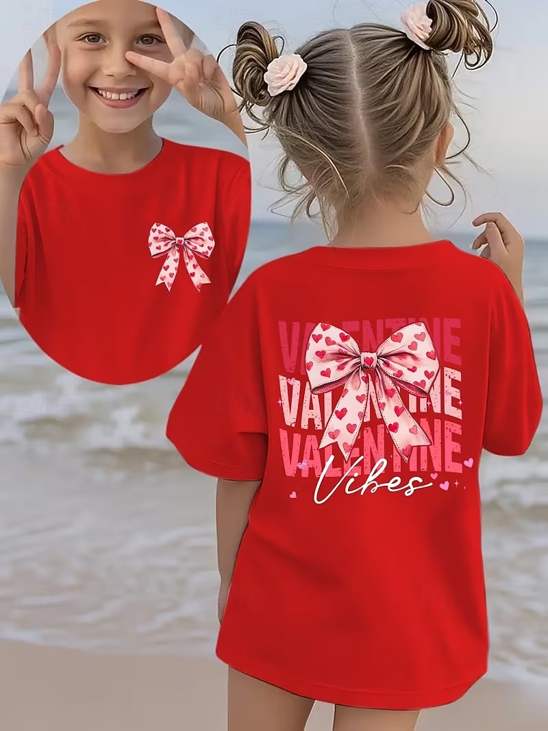 Valentines Girls' 3D Graphic Bow tie T shirt Tee Short Sleeve 3D Print Summer Spring Sports Fashion Streetwear Kids 4-12 Years Crew Neck Casual Daily Outdoor Regular Fit 2026 - $12.99 –P1