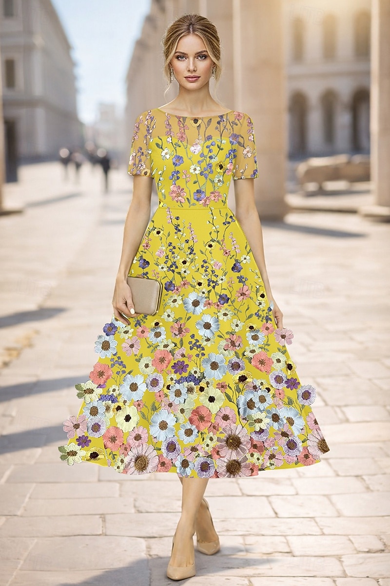 А-силуэт До щиколотки Ниже колена коктейльные платья Элегантный стиль С цветами С короткими рукавами Вырез лодочкой Свадьба Официальные Кружева с Вышивка Аппликации 2026 - $185.99 –P7