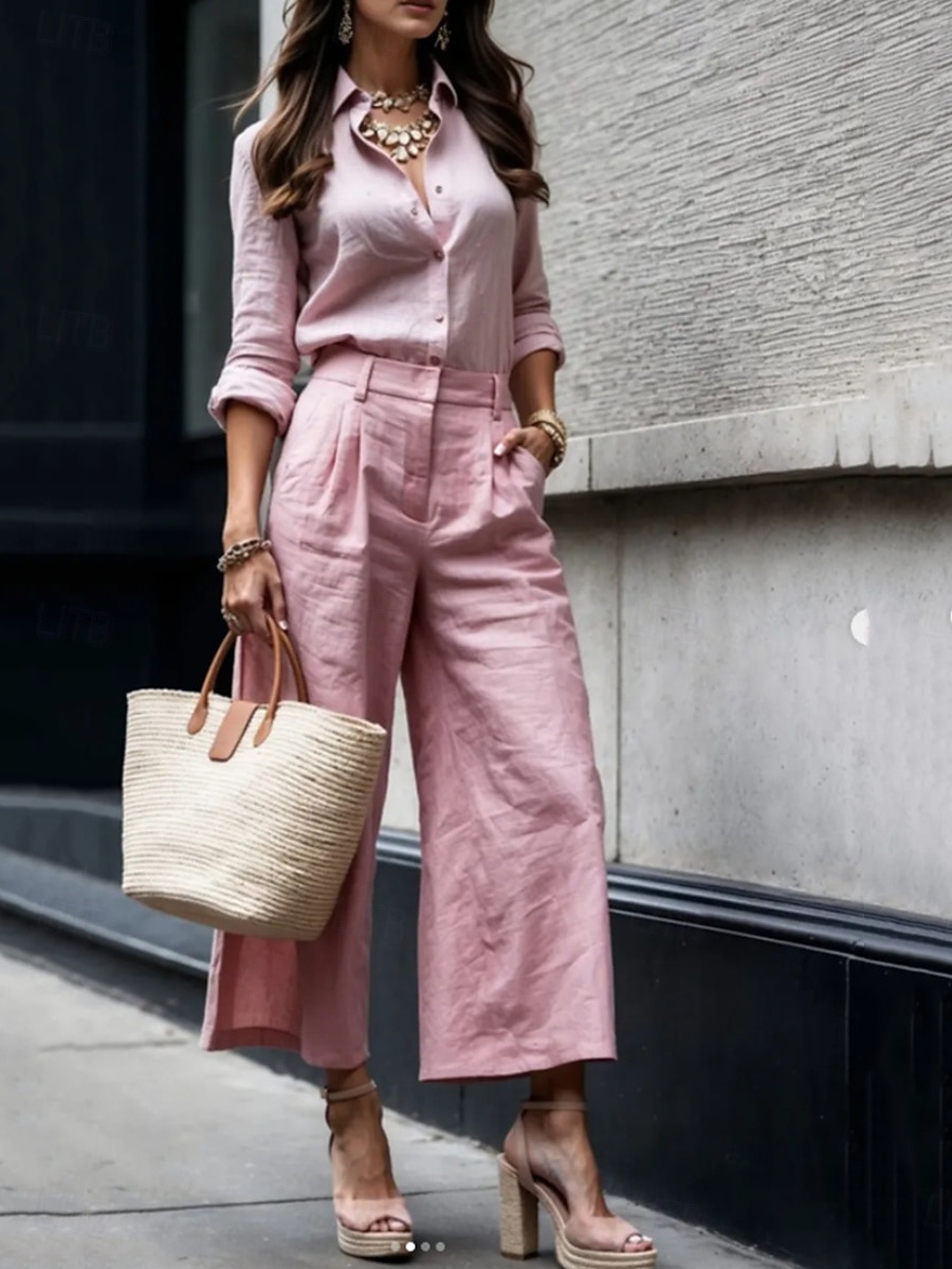 Per donna Set di Pantaloni Bolero Top Manica Lunga Colletto a Camicia Semplice Arricciato Moda Streetwear All'aperto Ufficio Vacanza Nero Bianco Rosa Estate Vestibilità comoda del 2026 a $61.99 –P2