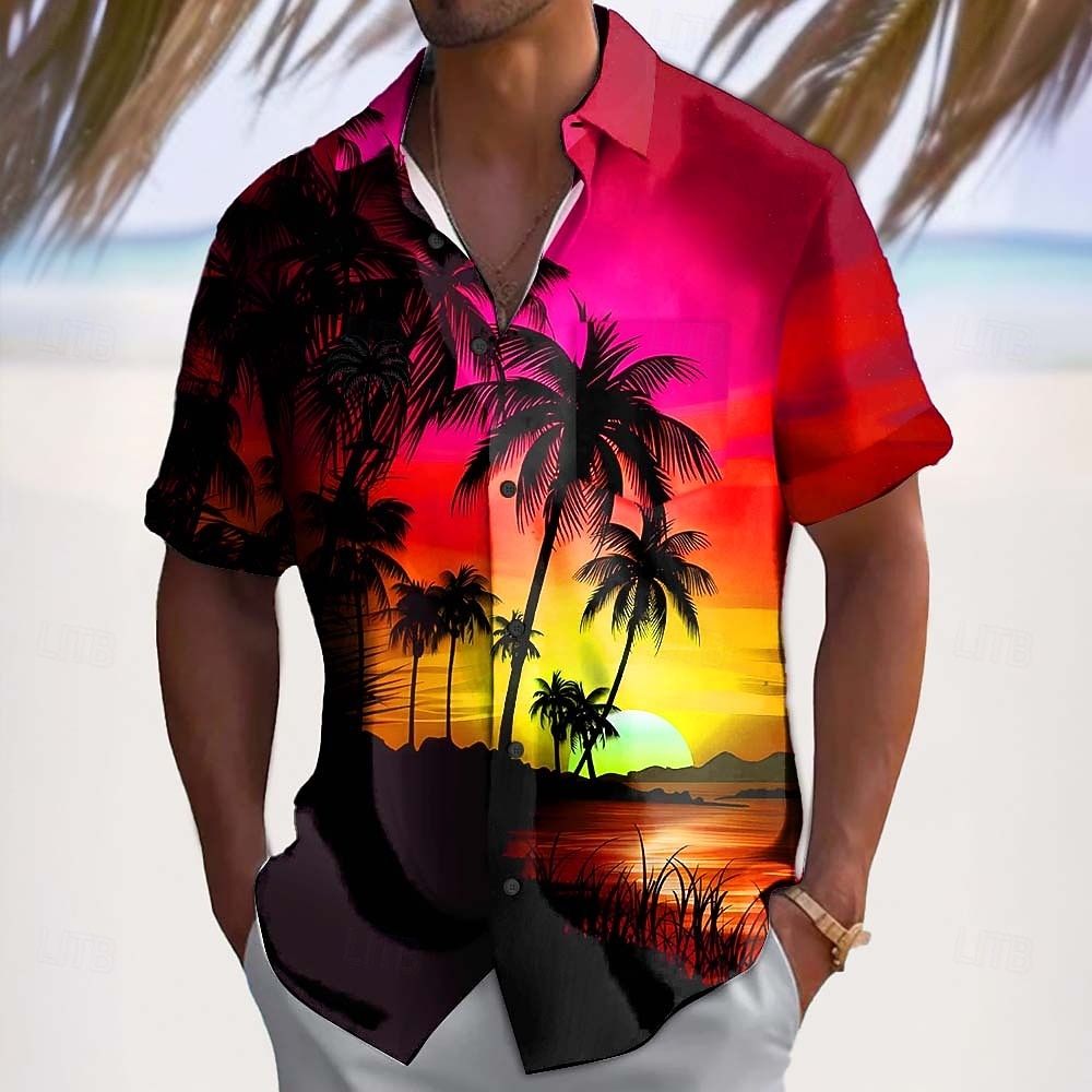 2026年 男性用 ココナッツの木 自然、風景 熱帯植物 アロハシャツ ボタンアップシャツ 半袖 ハワイアン カジュアル バケーション 夏 春 折襟 3Dプリント 襟付きシャツ フロントポケット1つ ブルー ルビーレッド パープル ダークブルー  コレクション – $25.99 –P4
