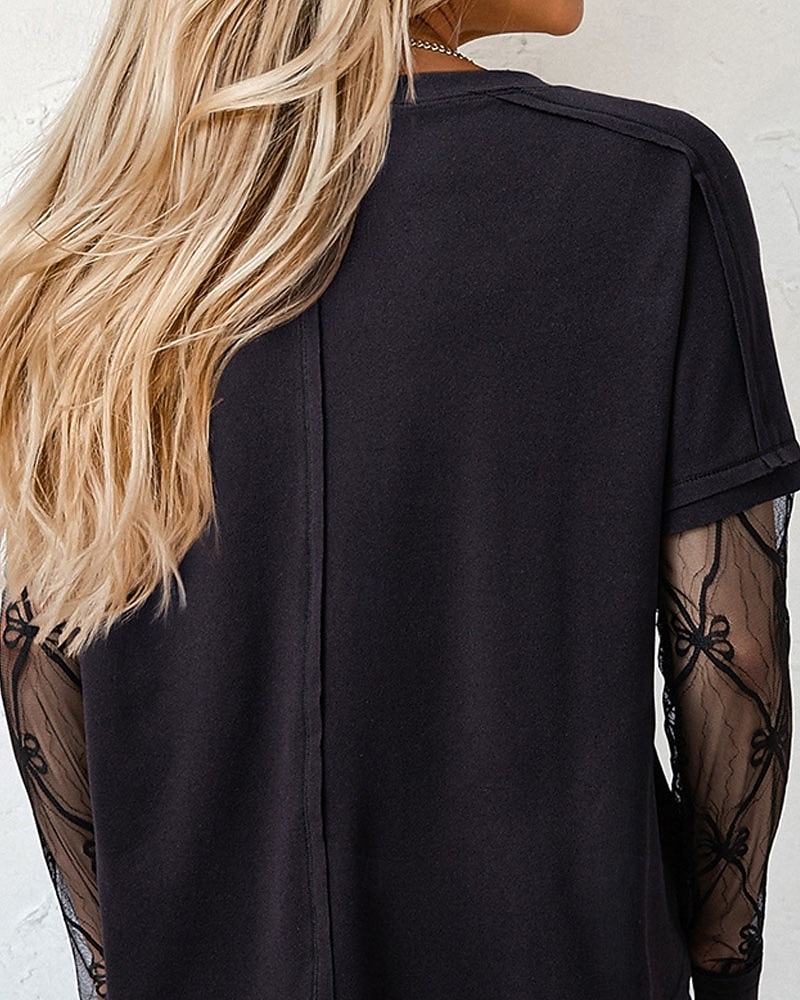 Dam Spets Splicing Top Blus Dressiga toppar Rynkad Spets Lappverk Slät Elegant Vintage damer Långärmad Rund hals Vanliga toppar Dagligen Arbete Helgdag Svart Höst Vinter 2026 - $31.99 –P2