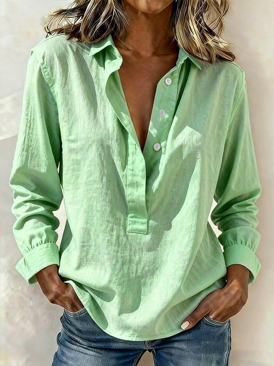 Dame Popover skjorte Sommerskjorte Uformell skjorte Bluse Knapper Helfarge Mote Fritid Langermet Aftæpning Vanlige topper Daglig Strand Ferie Blå Hvit Gul Rosa Grønn Vår Høst 2026 - $25.99 –P3