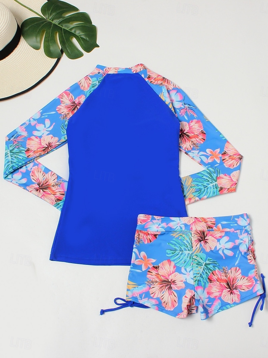 Жен. Купальники Танкини 2 шт. Шорты купальник Утягивание живота Завышенная Тонкие Открытая спина Отпуск Одежда для пляжа Цветочный принт Вырез под горло Длинный рукав Купальники 2026 - $32.99 –P5