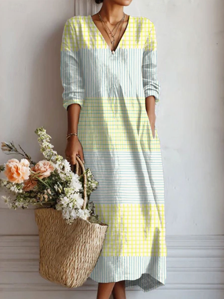 Rochie Maxi pentru Femei din In Ușor și Respirabil Rochie Sundress Casual pentru Petreceri Vacanțe Croi Regular Floral Grafic Mâneci Lungi Gât în V Albastru Galben Roșu Portocalie Vară Primăvară 2026 - $41.99 –P4