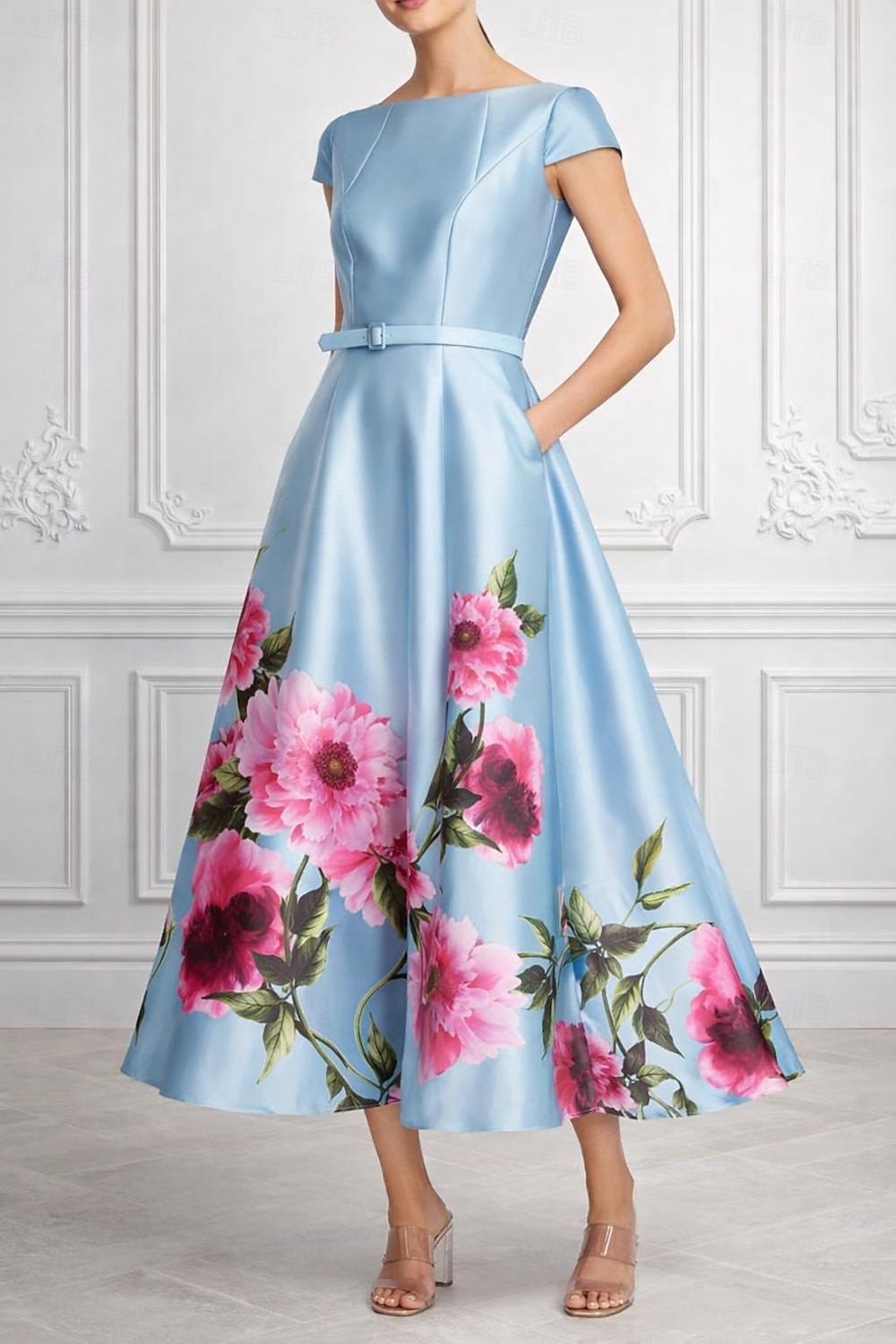 A-linje Te-lengde Cocktailkjoler Elegant Blomster Kortermet Båthals Hage fest Bryllup Lomme Sateng med Blomstertrykk 2026 - $182.99 –P2