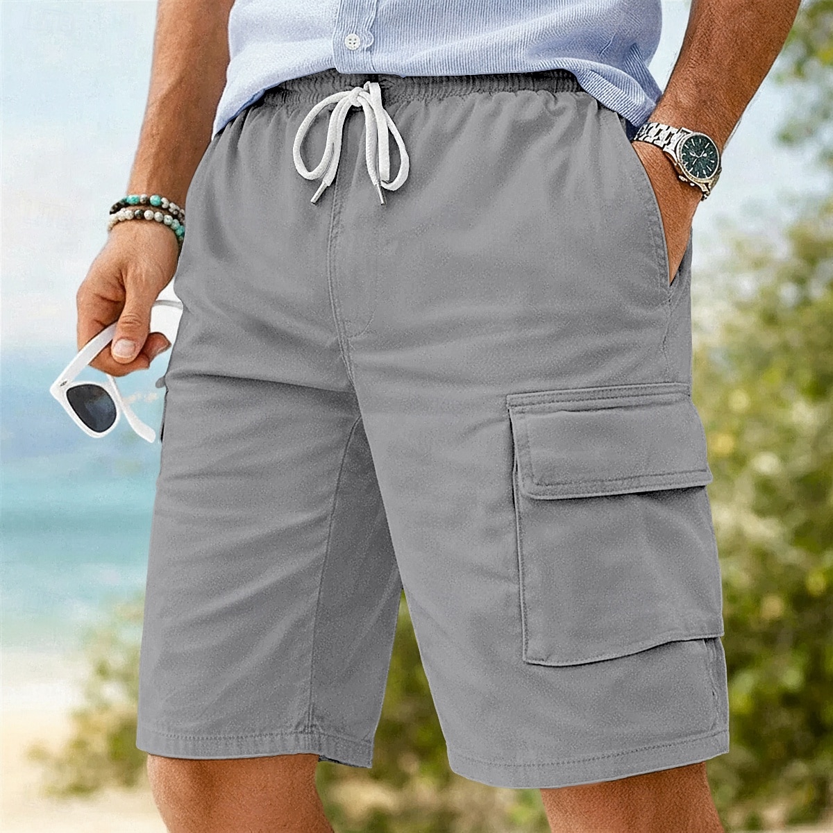 Homme Shorts cargo Shorts Shorts en Lin Shorts d'été Shorts de plage Cordon de serrage Taille Élastique Uni Confort Respirant Longueur Genou Quotidien Extérieur Plage Vacances Mode Noir bleu marine de 2026 ? $24.99 –P4