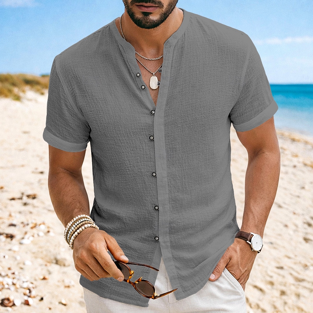 Homme Chemise Chemise en lin Chemise d'été Tenue de plage Chemise à col officier Chemise Boutonnée Uni Occasionnel Quotidien Noir Blanche Kaki Gris Manche Courte Col mandarin Été Vêtement Tenue de 2026 ? $24.99 –P8