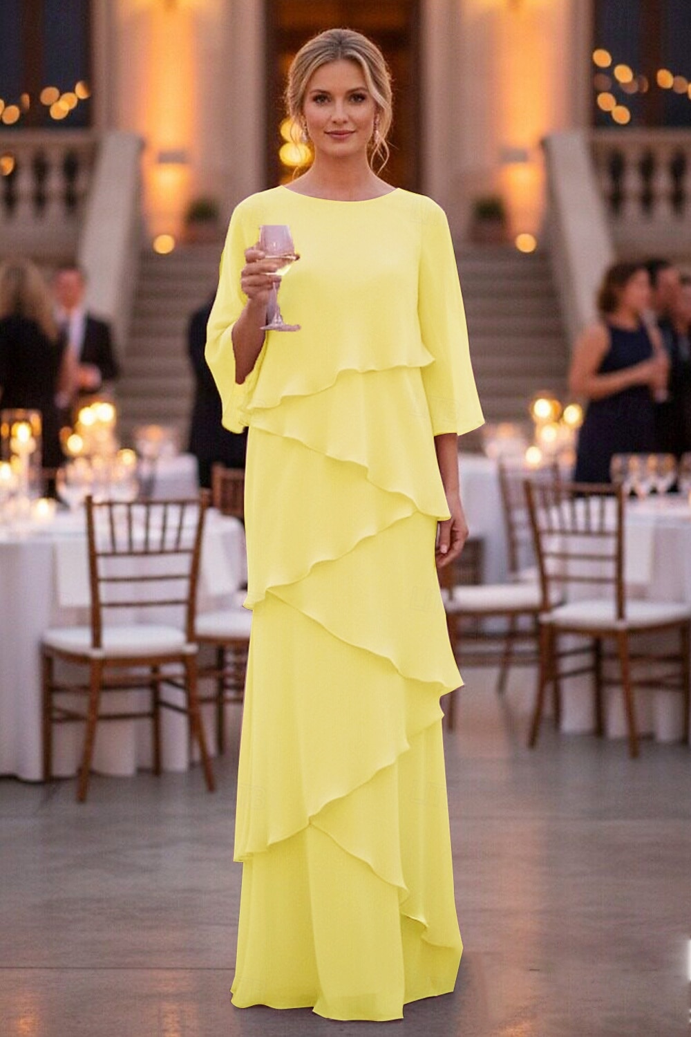 Schlauchkleid Bodenlang Kleid für Hochzeitsgäste Abendkleid Brautmutterkleid Dreiviertelarm Rundhalsausschnitt Elegant Formell Chiffon mit Rüschen 2026 - $89.99 –P2