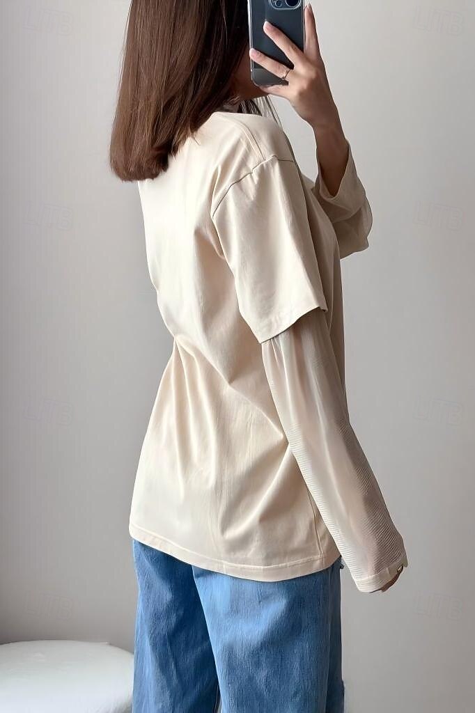 Naisten 100 % puuvillaverkkopaita tilkkutyö pitsi tilkkutyö feikki kaksiosainen yhdenvärinen tyylikäs rento pitkähihaisella pyöreällä kaula-aukolla säännölliset paidat päivittäinen ulkona musta khaki 2026 - $22.99 –P6