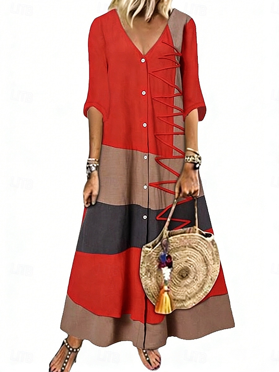 abito lungo da donna color block scollo a V mezze maniche estate del 2026 a $26.99 –P4