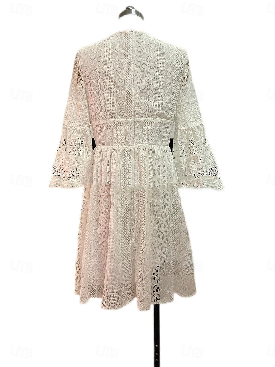 Mujer Vestido hasta la Rodilla Vestido blanco Vestido de encaje Elegante Vintage Moda Manga de la llamarada Diario Exterior Playa Ajuste regular Plano Manga 3/4 Escote en Pico Blanco Albaricoque 2026 - $42.99 –P5